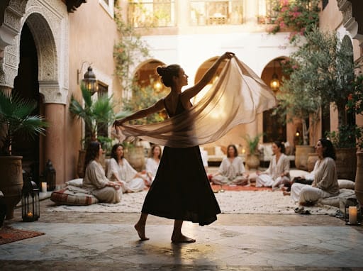 Atelier de danse et de mouvement entre femmes dans la cour de la villa