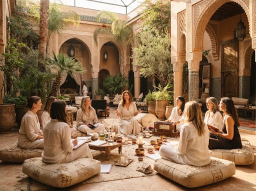 Cercle de femmes réunies pour un atelier de prise de parole dans un riad