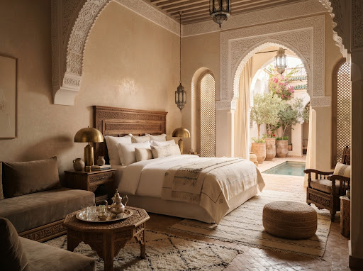 Suite marocaine élégante ouverte sur une cour fleurie